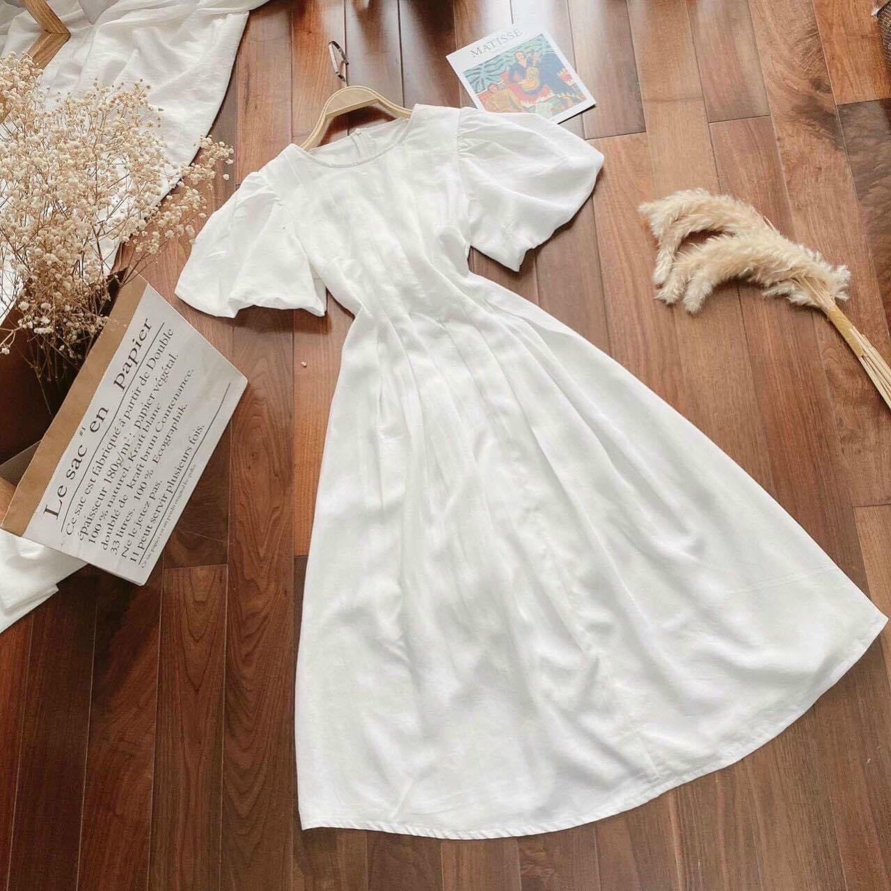 Đầm Xòe Midi Trơn Tay Phồng Chít Eo 5 Màu [Ảnh Thật Cuối] - DX0036