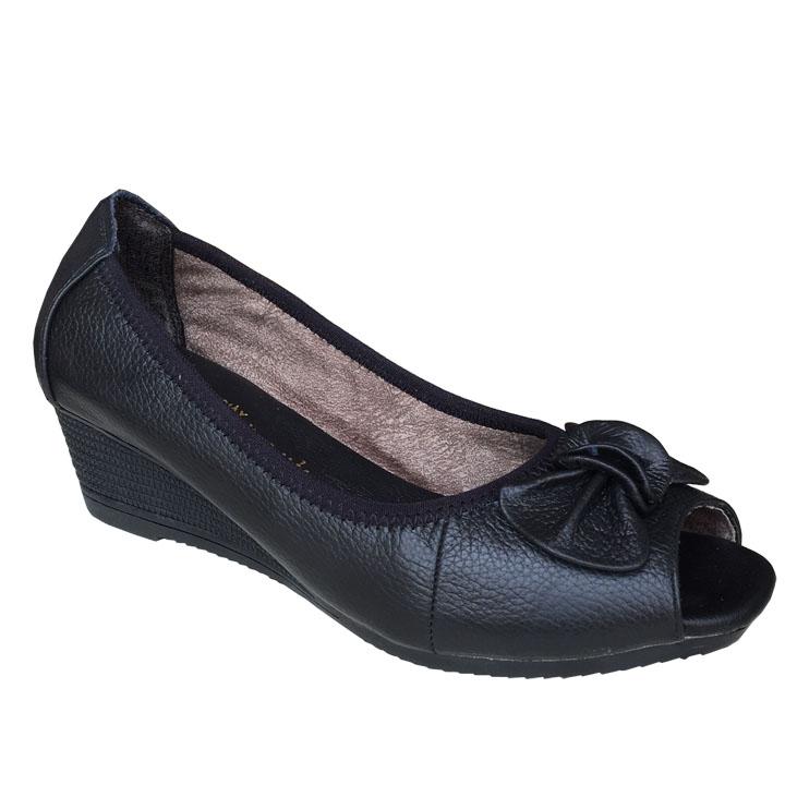 Giày Dép Nữ Đế Xuồng 5cm  Hở Mũi Da Bò Thật Màu Đen Trường Hải FORM LỚN HƠN 1 SIZE CÓ SIZE LỚN