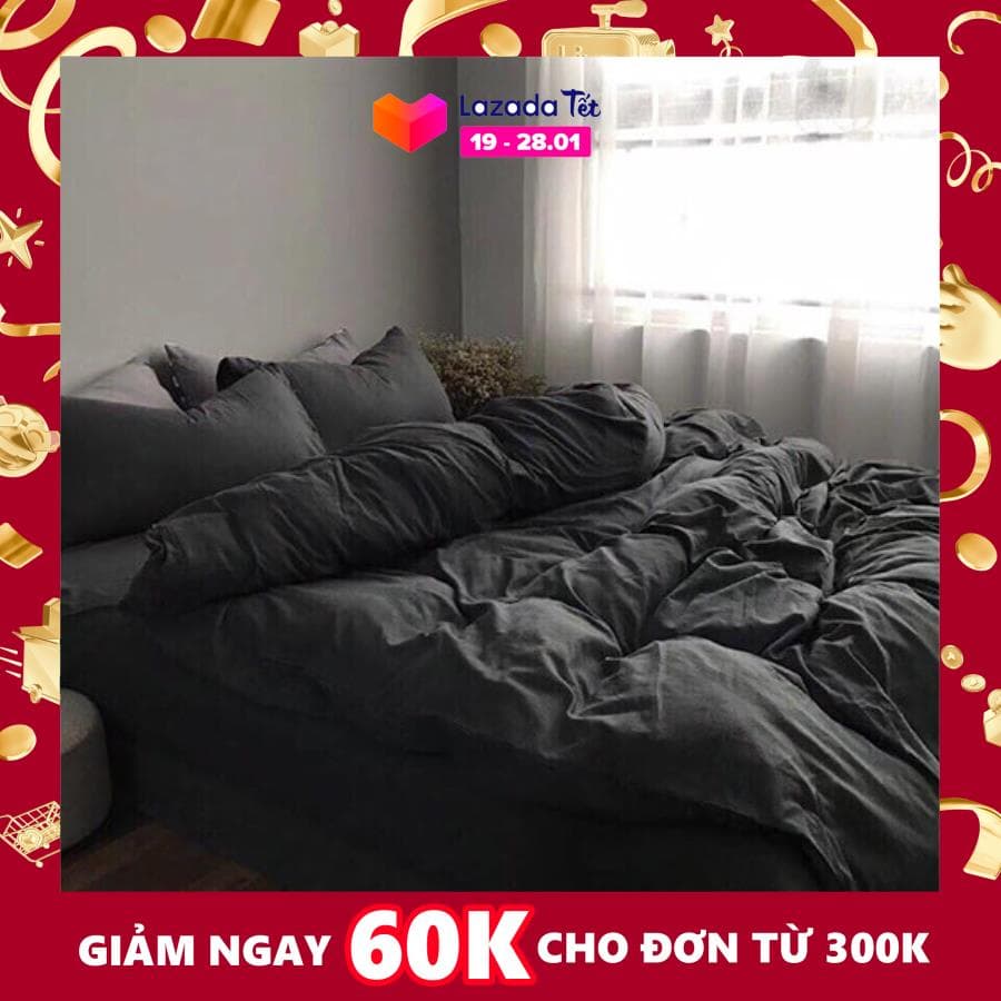 TRỌN BỘ 4 MÓN CHĂN GA GỐI ĐŨI COTTON NHẬP MÀU XÁM ĐEN
