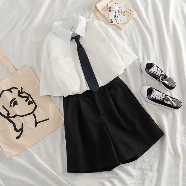 [HCM]Áo Sơ Mi Ulzzang Kèm Cà Vạt Phối Sét Hàn Quốc HOT