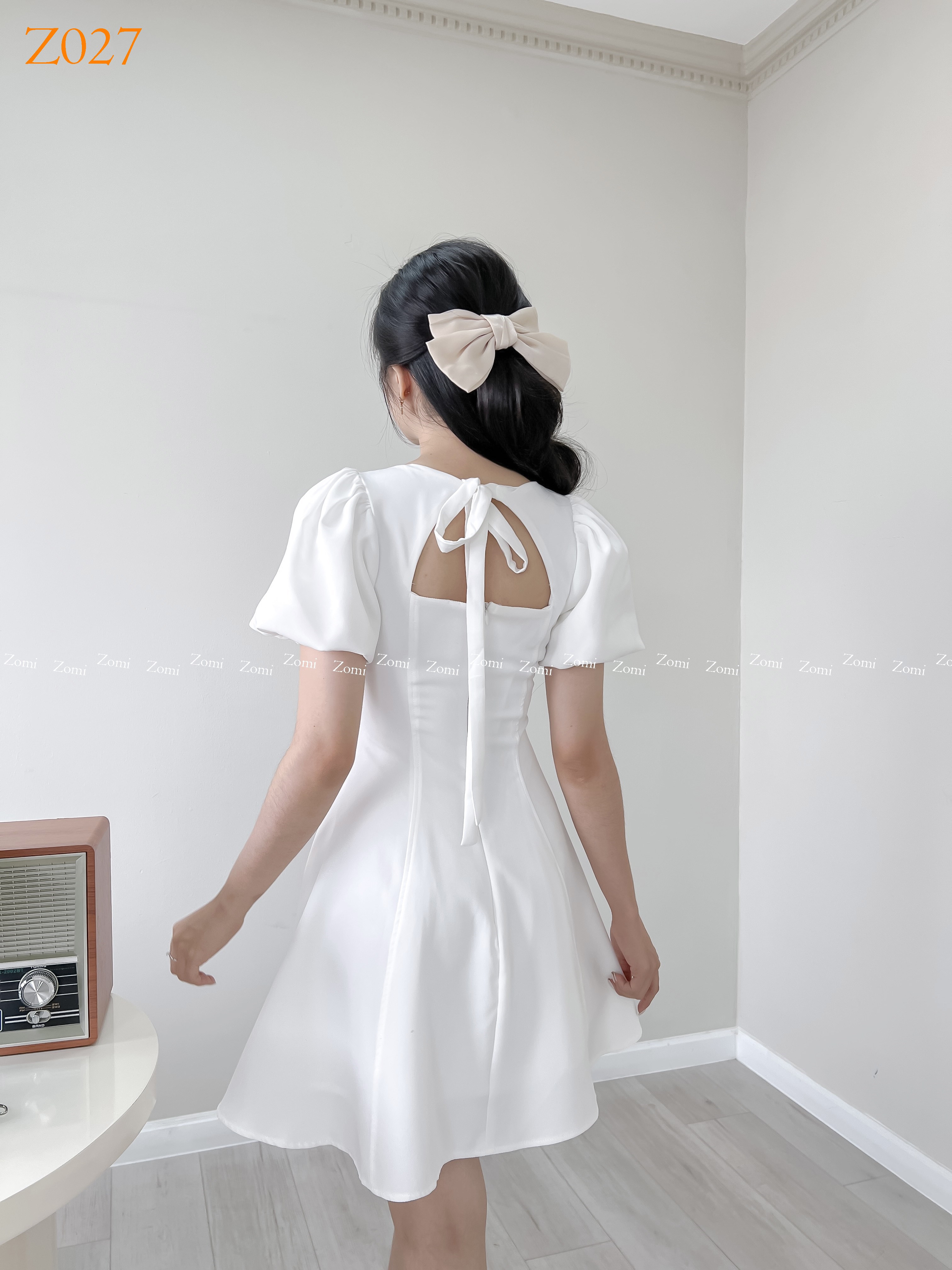 Đầm dự tiệc tay phồng cột nơ lưng dáng xòe