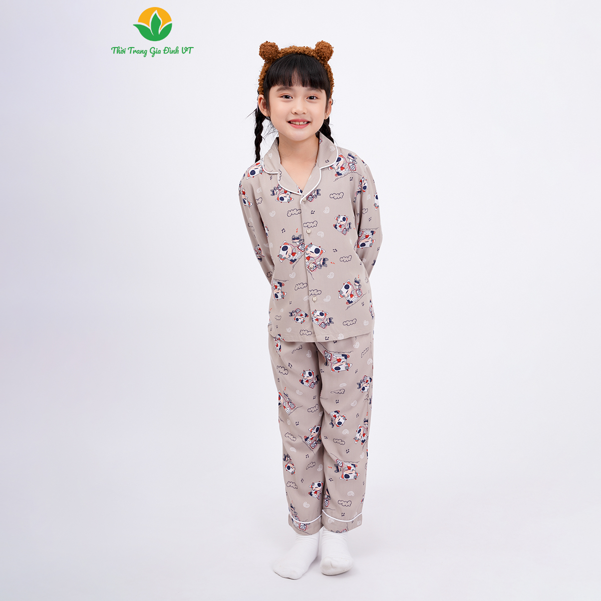 Bộ Pijama lanh mặc nhà bé gái thời trang Việt Thắng, quần dài, áo dài tay - B70.2301