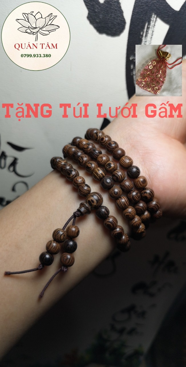 Vòng tay gỗ mun đuôi công phong thủy, chuỗi tràng 108 hạt 8 ly phong cách phật giáo