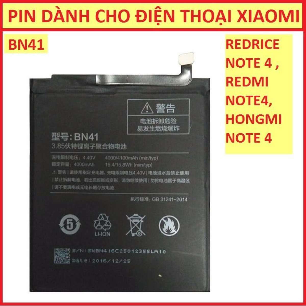 Pin Điện Thoại Xiaomi Redmi Note 4 (Mã BN41) dung Lượng 4100mAh