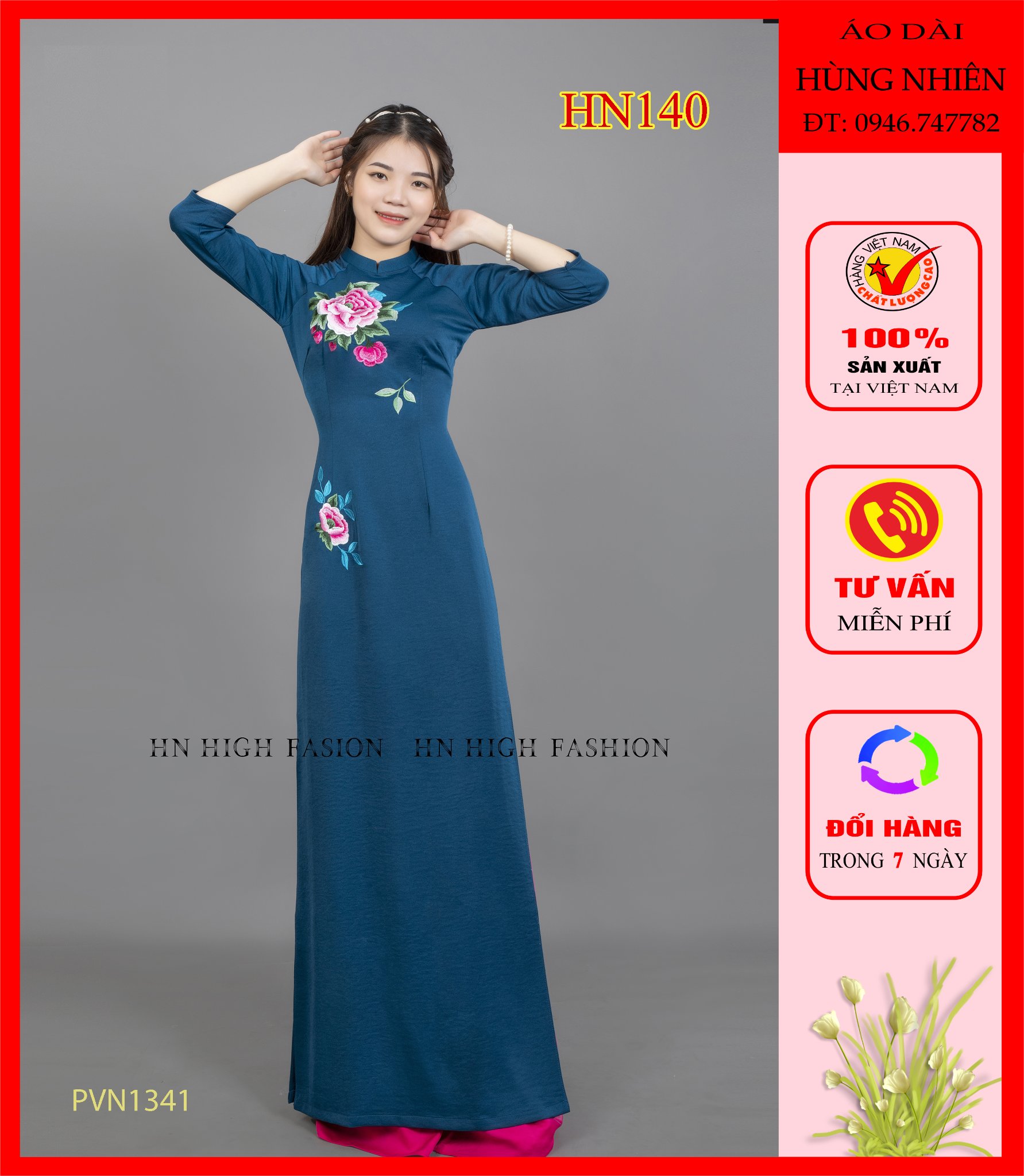 HN140- ÁO DÀI LỤA TÂY THI THÊU HOA NGHỆ THUẬT