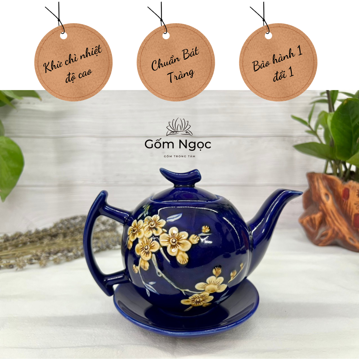 Ấm chén ấm tách  pha trà hoa đào Bát Tràng gốm cao cấp.