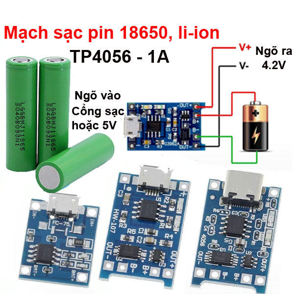 (2 cái) Mạch Sạc Pin TP4056 cổng USB micro B / Type C (Có / Không IC bảo Vệ )
