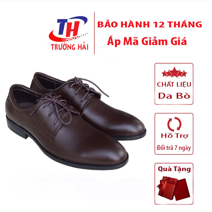 Giày nam công sở buộc dây da bò Trường Hải màu nâu mũi nhọn đế cao su cao 3.5cm GT0120