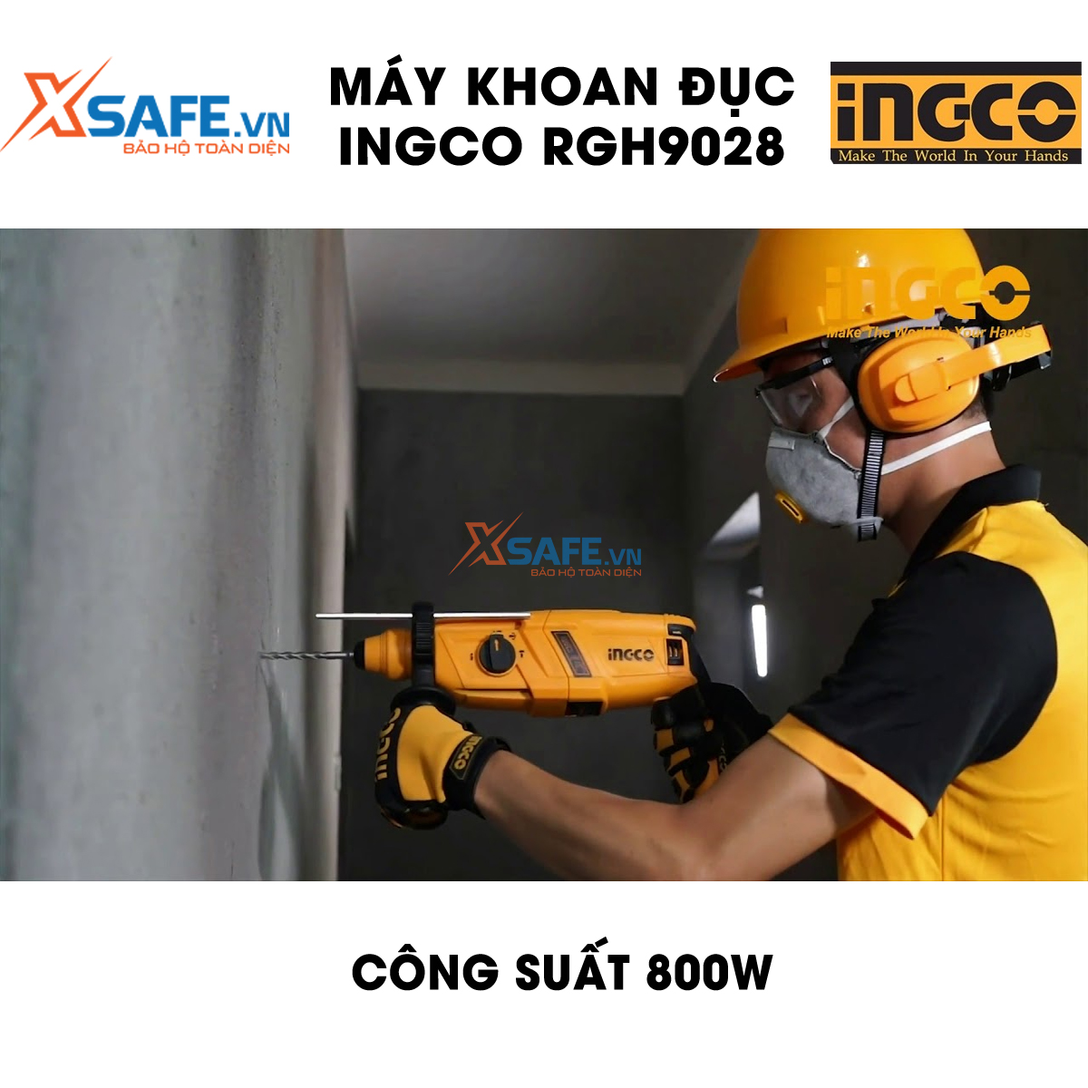 Máy khoan cầm tay 3 chức năng 800w Ingco RGH9028 đầu gài sds plus, tốc độ 1200rpm, tốc độ búa 5300bpm, lực đập 2.5j, khoan bê tông 26mm, khoan sắt 13mm, gỗ 30mm, kèm 3 mũi khoan bê tông, 2 mũi đục Máy khoan đục bê tông