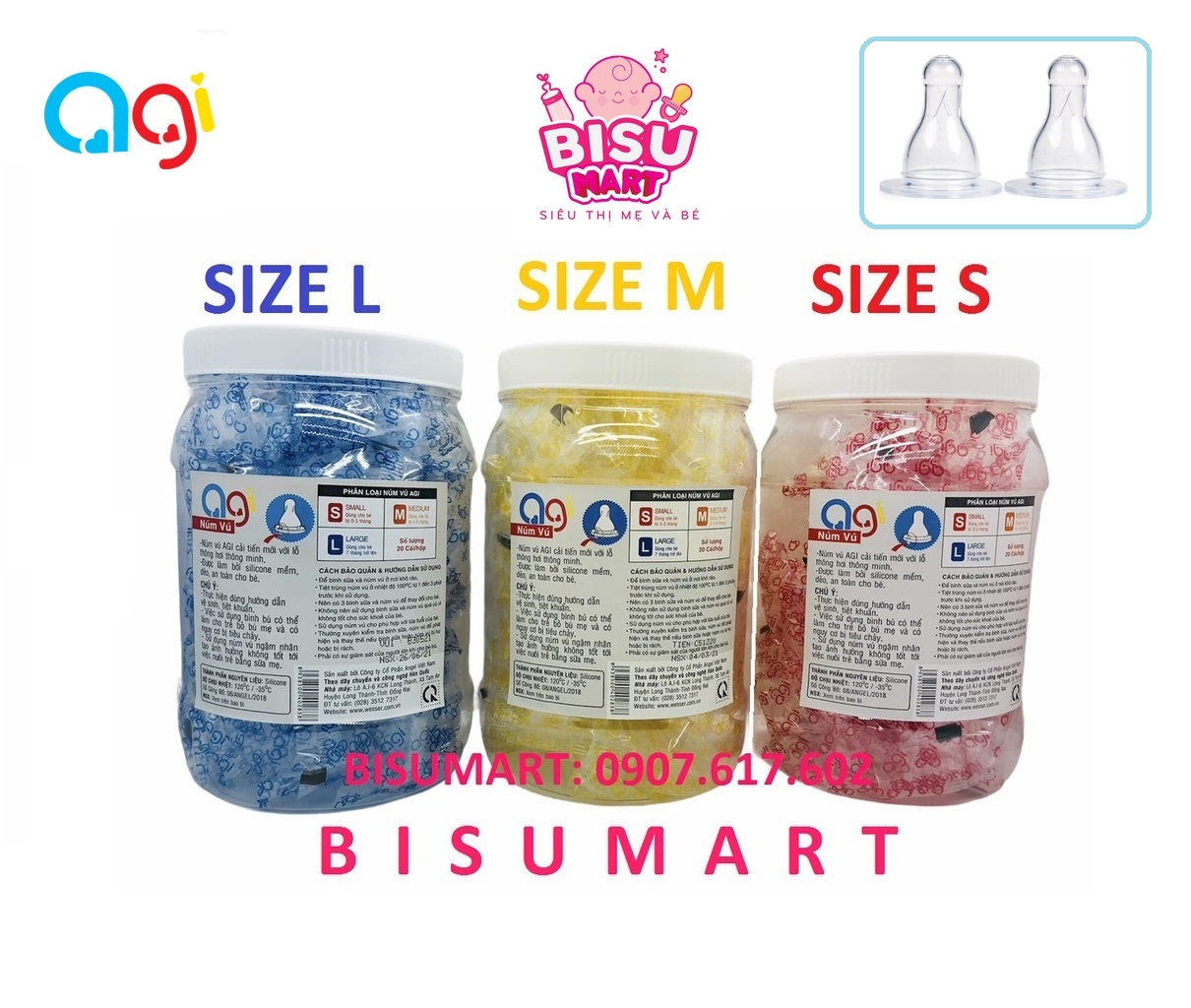 Hộp 20 Cái Núm Vú Cổ Hẹp silicon mềm cho bé AGI Size S M L