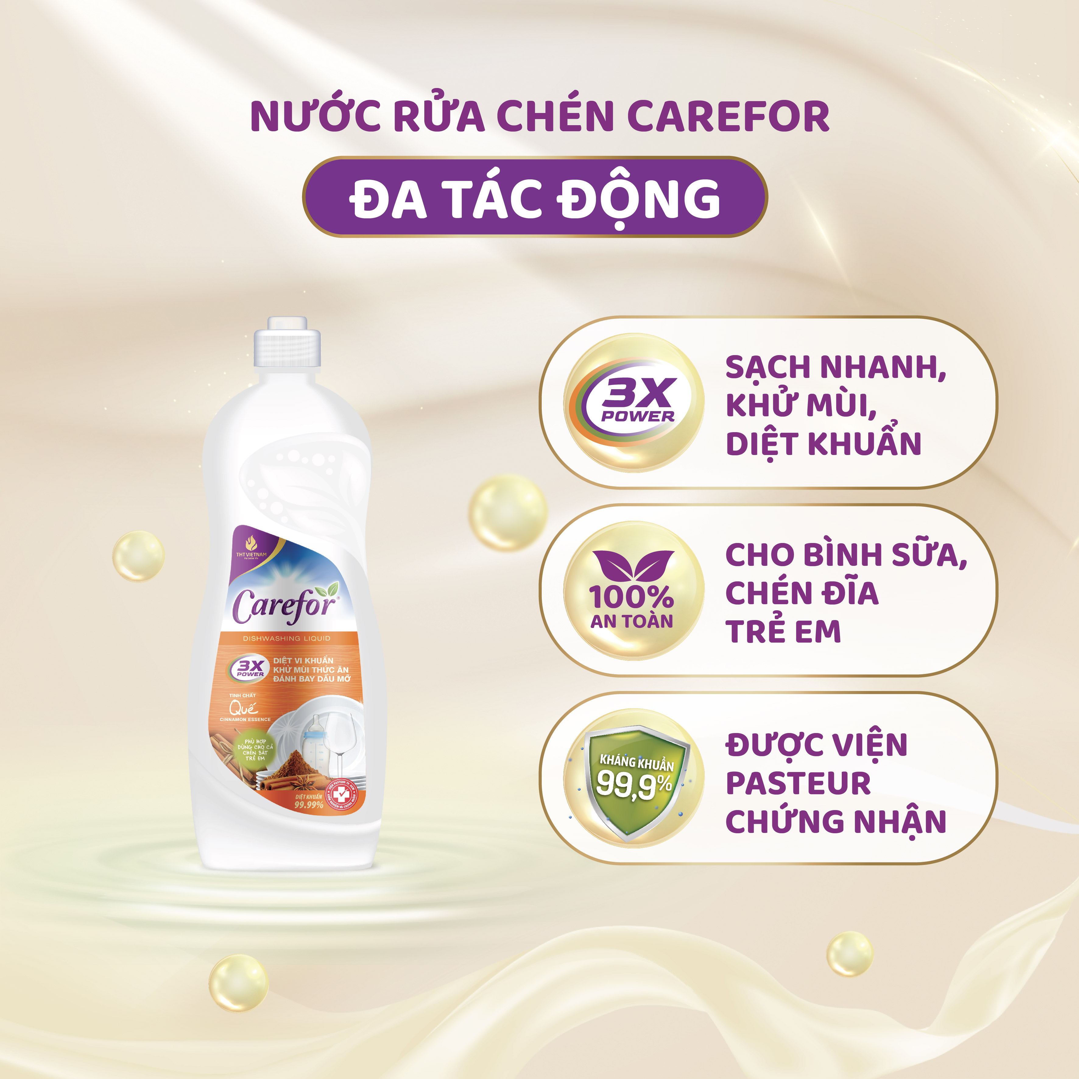Nước rửa chén bát đậm đặc Carefor An toàn da tay, Làm sạch dịu nhẹ 800ml