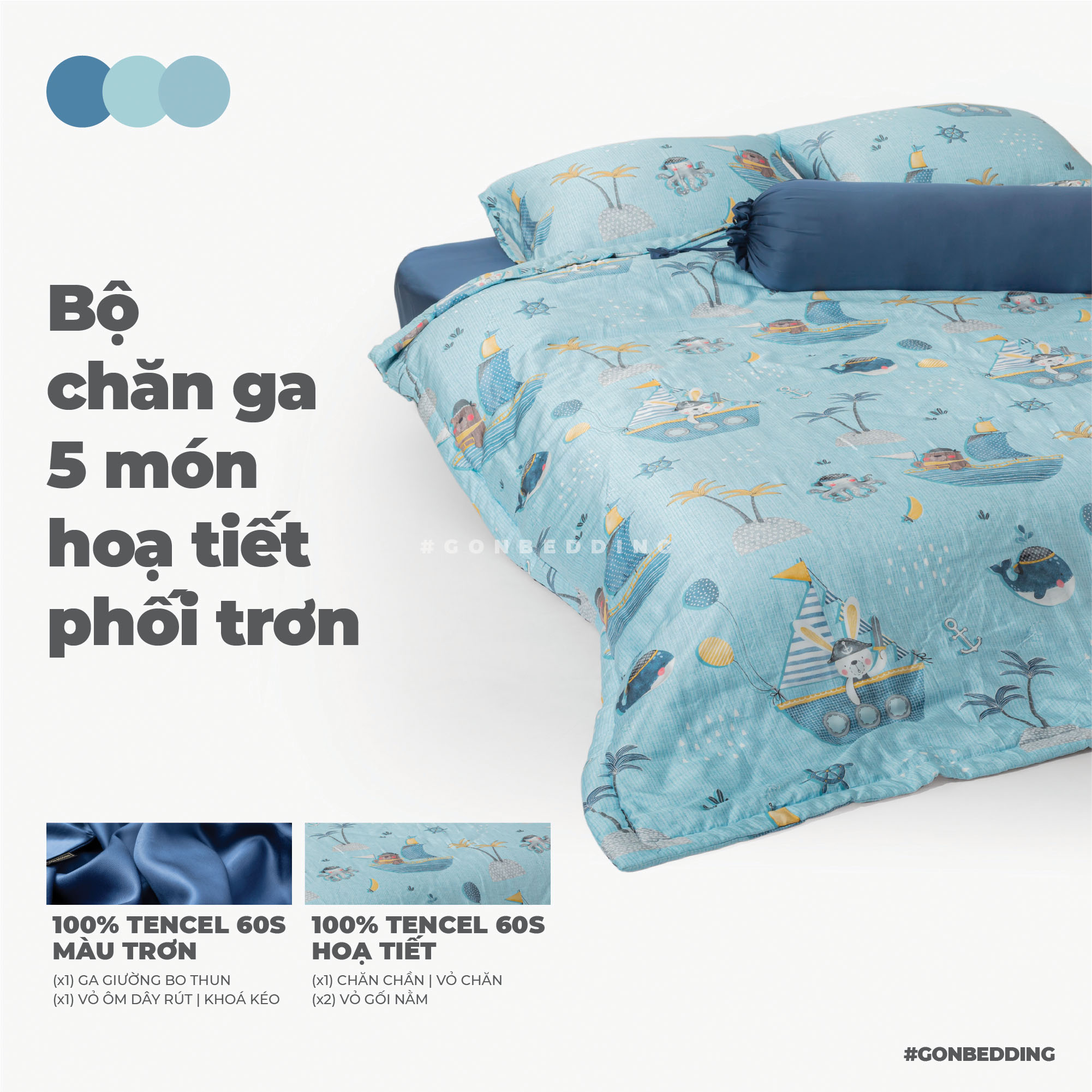 Bộ Chăn Ga Gối 5 Món Gòn Bedding Lụa Tencel 60s Cao Cấp Màu Họa Tiết, Kích thước 1m6x2m, 1m8x2m