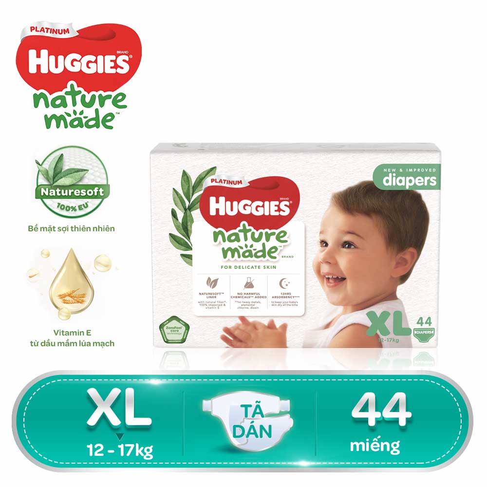 [GIẢM THÊM 40K ĐƠN 799K] Tã/Bỉm dán HUGGIES PLATINUM NatureMade XL44 (12-17kg)-Gói Jumbo 44 miếng