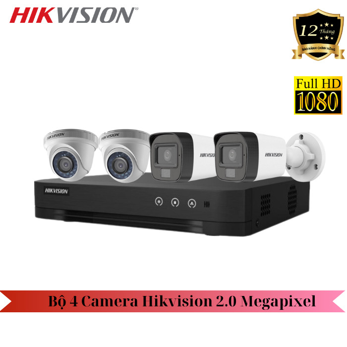 Combo 4 Camera Hikvision 2.0M Full HD + 1 Đầu ghi hình Hikvision 4 kênh DS-7204HGHI-K1 (chưa bao gồm ổ cứng và phụ kiện)