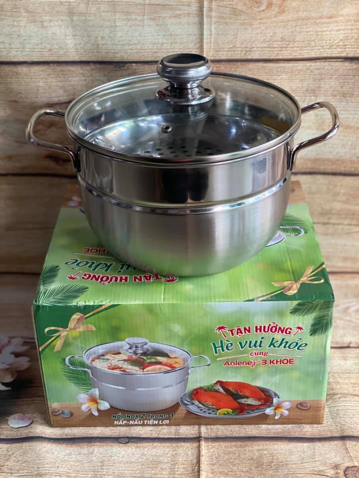Nồi hấp inox 2tầng nắp kiếng  22cm