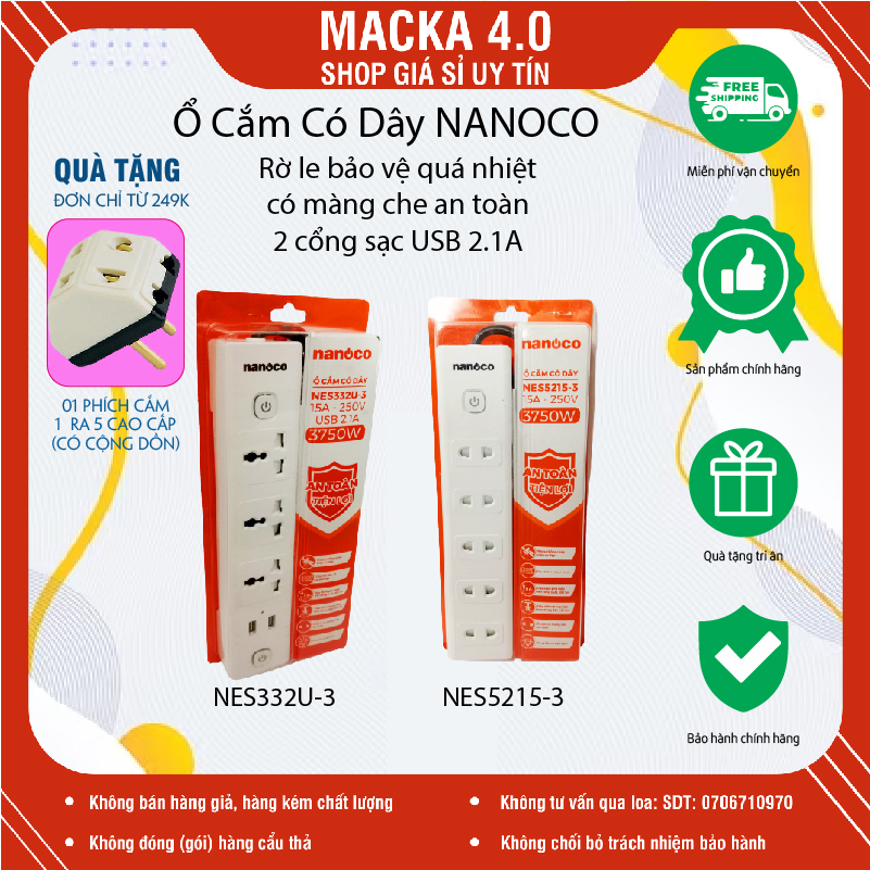 Ổ cắm sạc đa năng thông minh sạc không dây/ ổ cắm điện 2 cổng usb, 2 công tắc chịu tải 3750w có sạc nhanh điện thoại, 3 ổ cắm đa năng + 2 cổng sạc usb nanoco nes332u-3 / nes5215-3