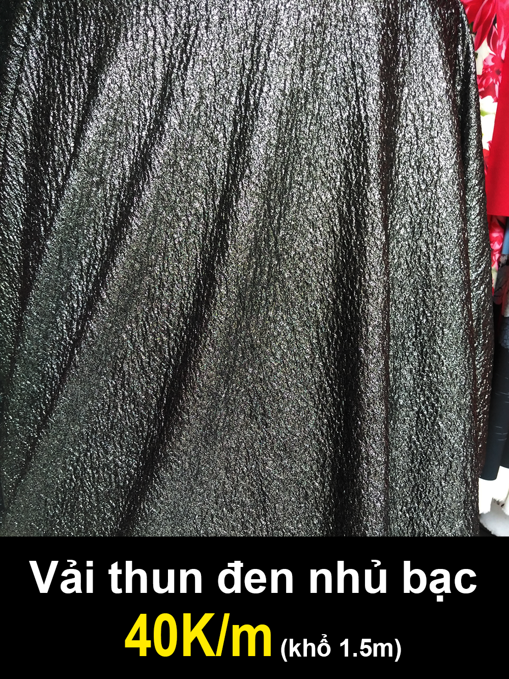 Vải thun màu đen nhủ bạc may đồ 40K/m (khổ 1.5m)