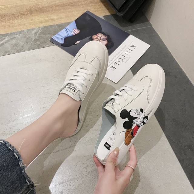 [Xả lẻ size] Giày sục nữ chuột Mickey da mềm siêu êm chân, Giày thể thao nữ đạp gót basic fullbox