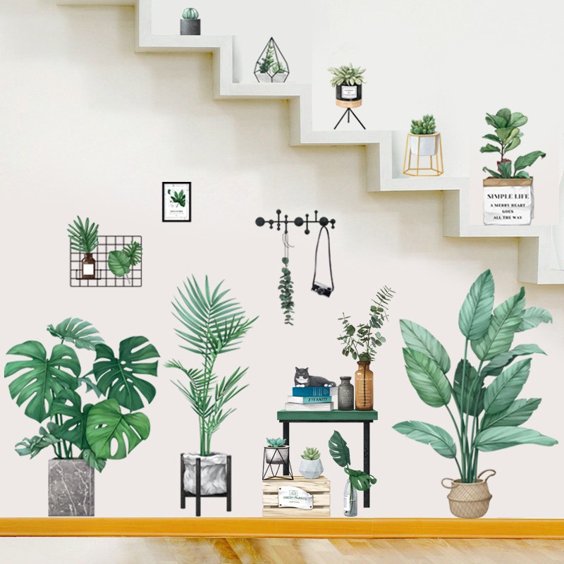 Decal dán tường lá xanh nhiệt đới tranh dán tường chậu cây và dàn lá xanh phong cách Hàn Quốc nhiệt đới