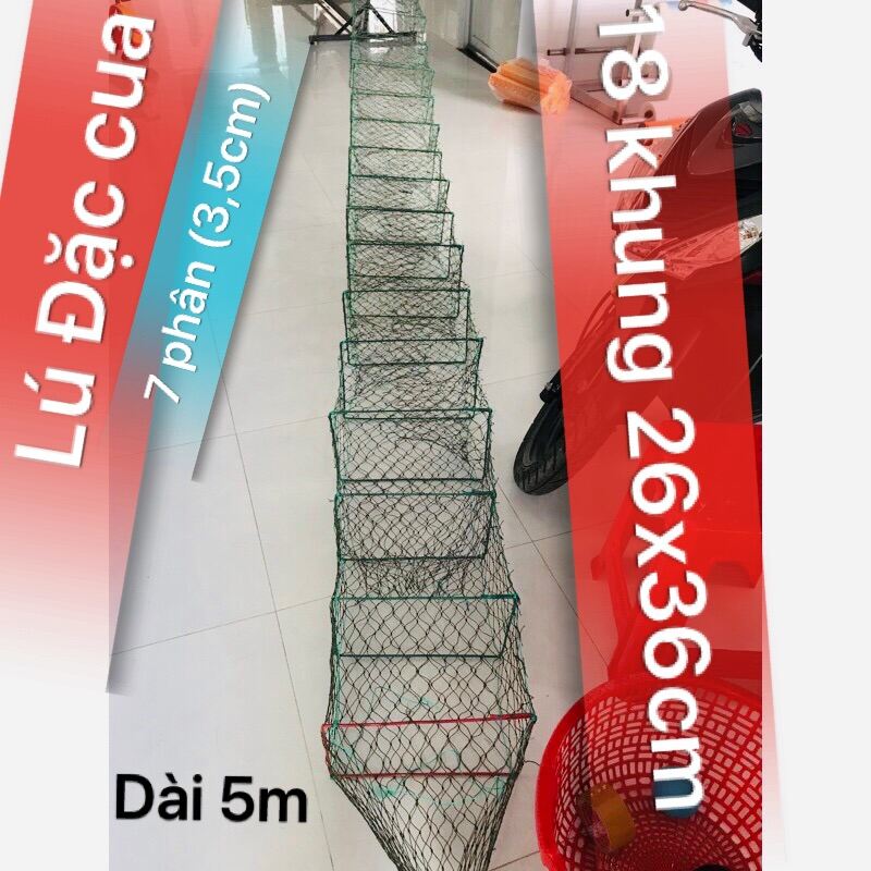 Lú dây bát quái đặc cua, dài 5m(18 khung 26x36cm).Sợi lưới đậu 18, mắt lưới 7p(3,5cm)