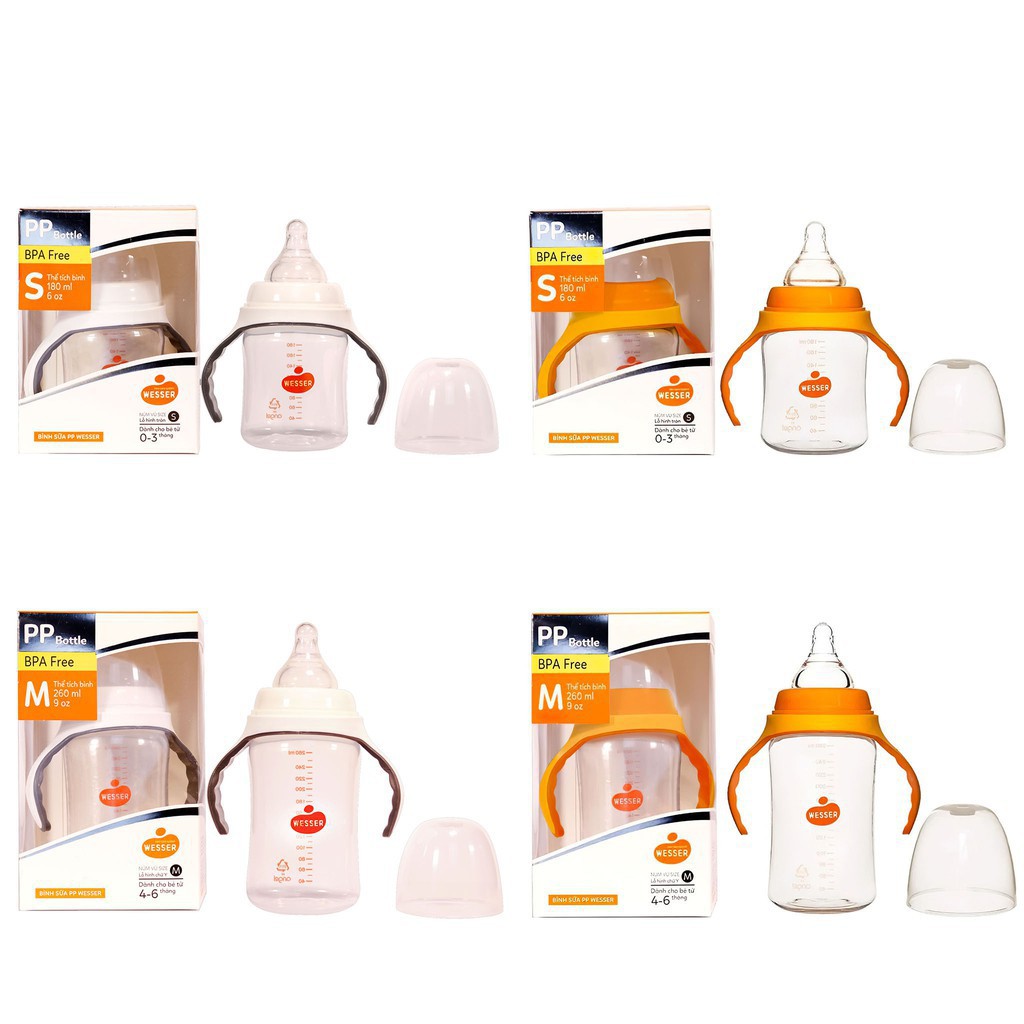 Bình Sữa Wesser Cổ Rộng PP Mẫu mới ( viền cam ) 180ml - 260m