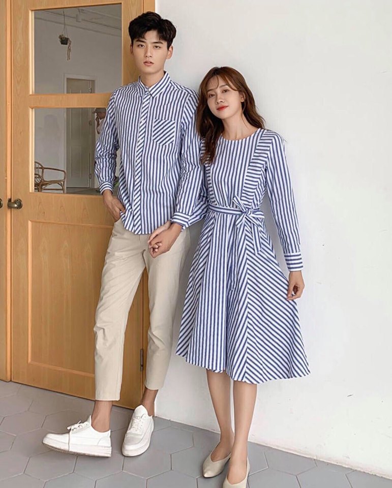 Đầm đôi somi sọc xanh trắng (giá gồm đầm nữ và áo nam)