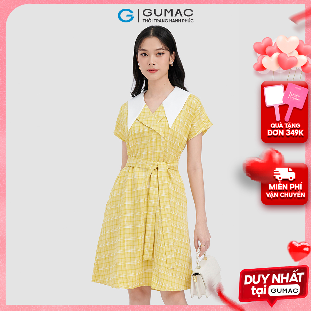 Đầm caro phối cổ thời trang GUMAC DC10064