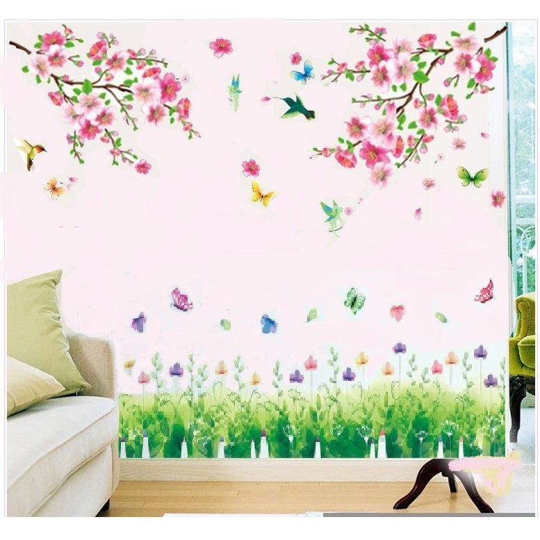 [HCM]DECAL DÁN TƯỜNG TẾT CÀNH ĐÀO HỒNG VÀ CHÂN TƯỜNG HOA BƯỚM