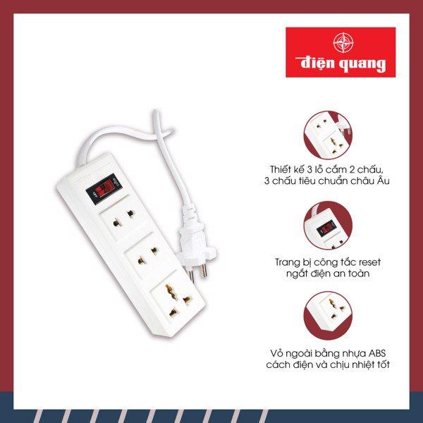 Ổ cắm điện đa năng Điện Quang ĐQ 002A-02 (3 lỗ) công suất 2500w, tự ngắt khi quá tải, BH 12 tháng