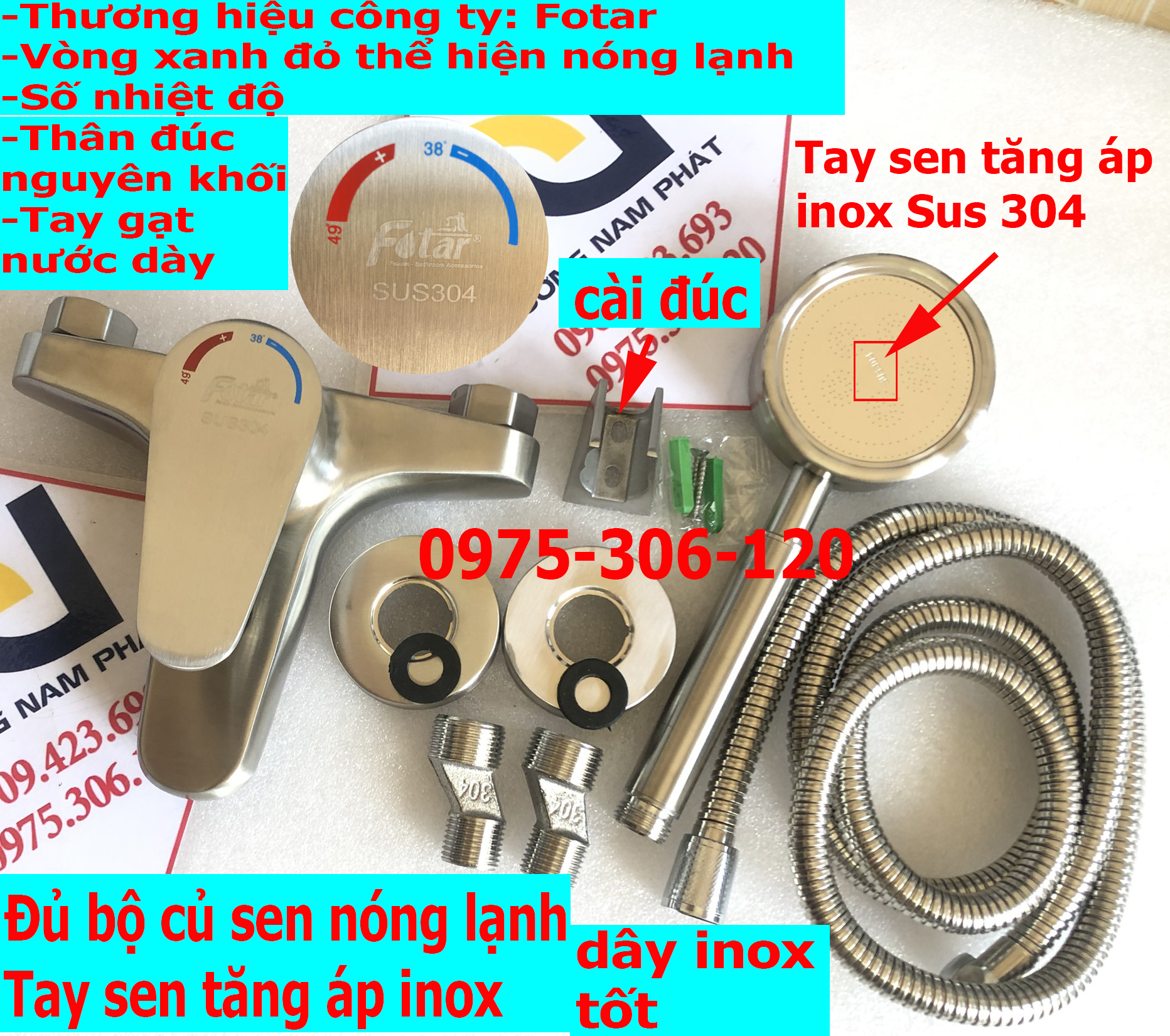 Bộ Củ Sen Tắm NÓNG LẠNH 100% INOX 304 Phương Nam Phát và Tay Sen Tăng áp inox và Dây sen đủ bộ N2002 Fotar, củ có màu xanh đỏ và số nhiệt độ thể hiện rõ bên nóng lạnh vòi sen tắm