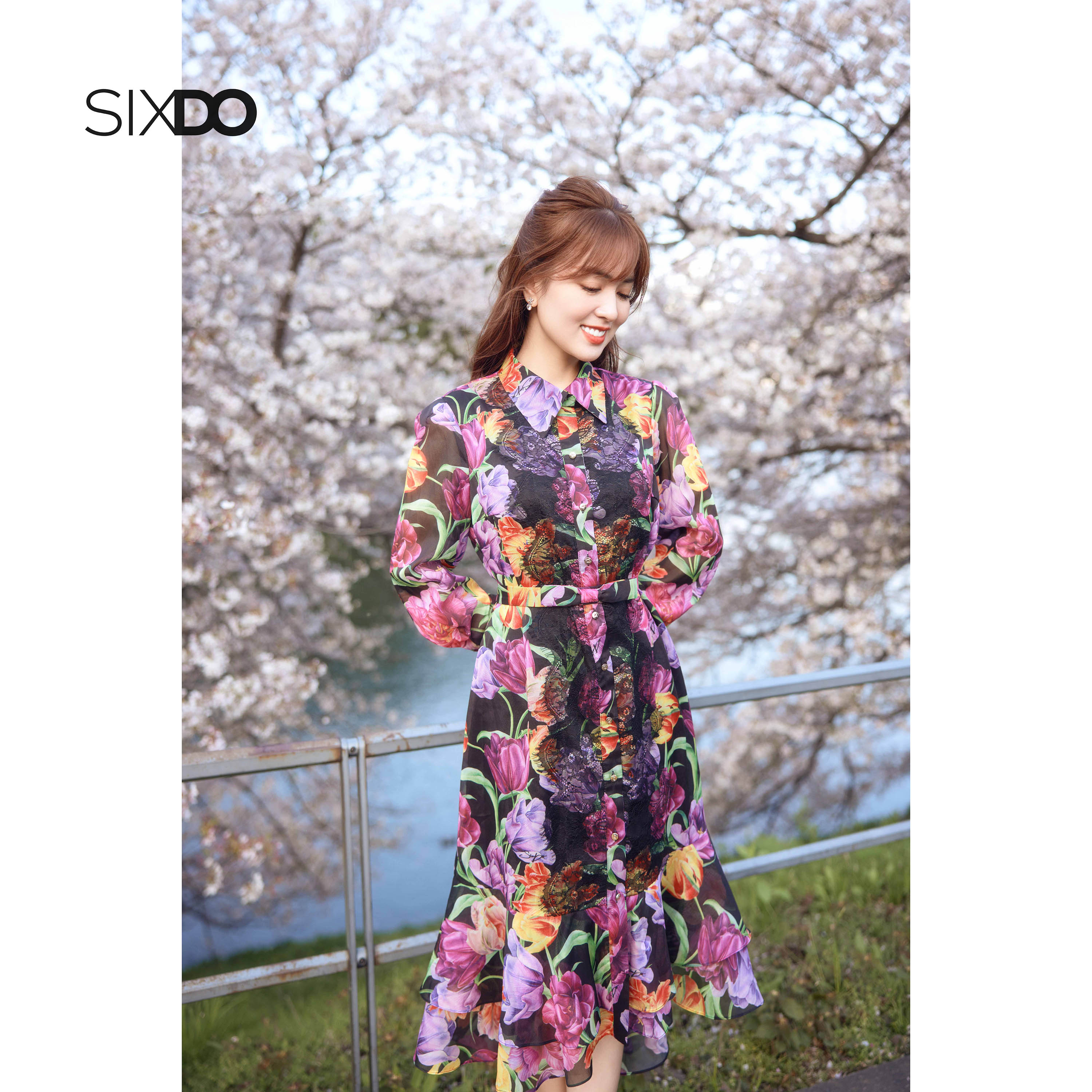 Đầm sơ mi voan hoa tay dài SIXDO (Black Tulip Shirtwaist Midi Voile Dress)