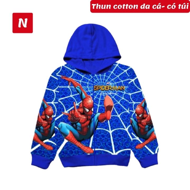 [hcm]áo khoác bé trai hình siêu nhân nhện 10-42kg. chất thun da cá hút mồ hôi- hình in 3d- oa shop hi 4