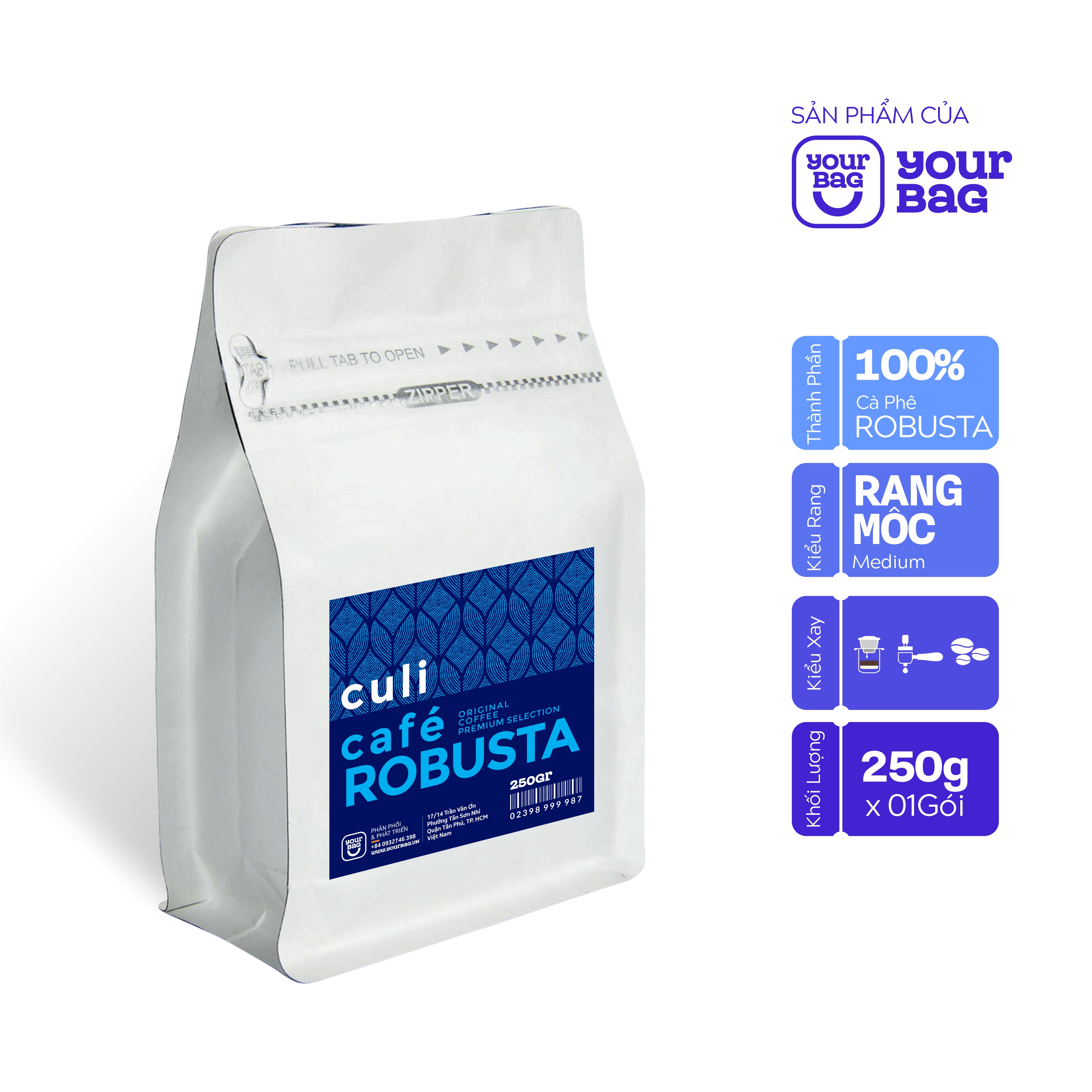 Cà Phê Rang Xay Nguyên Chất Culi Robusta (250g/Gói) - Pha Phin, Pha Máy, Nguyên Hạt | YourBag