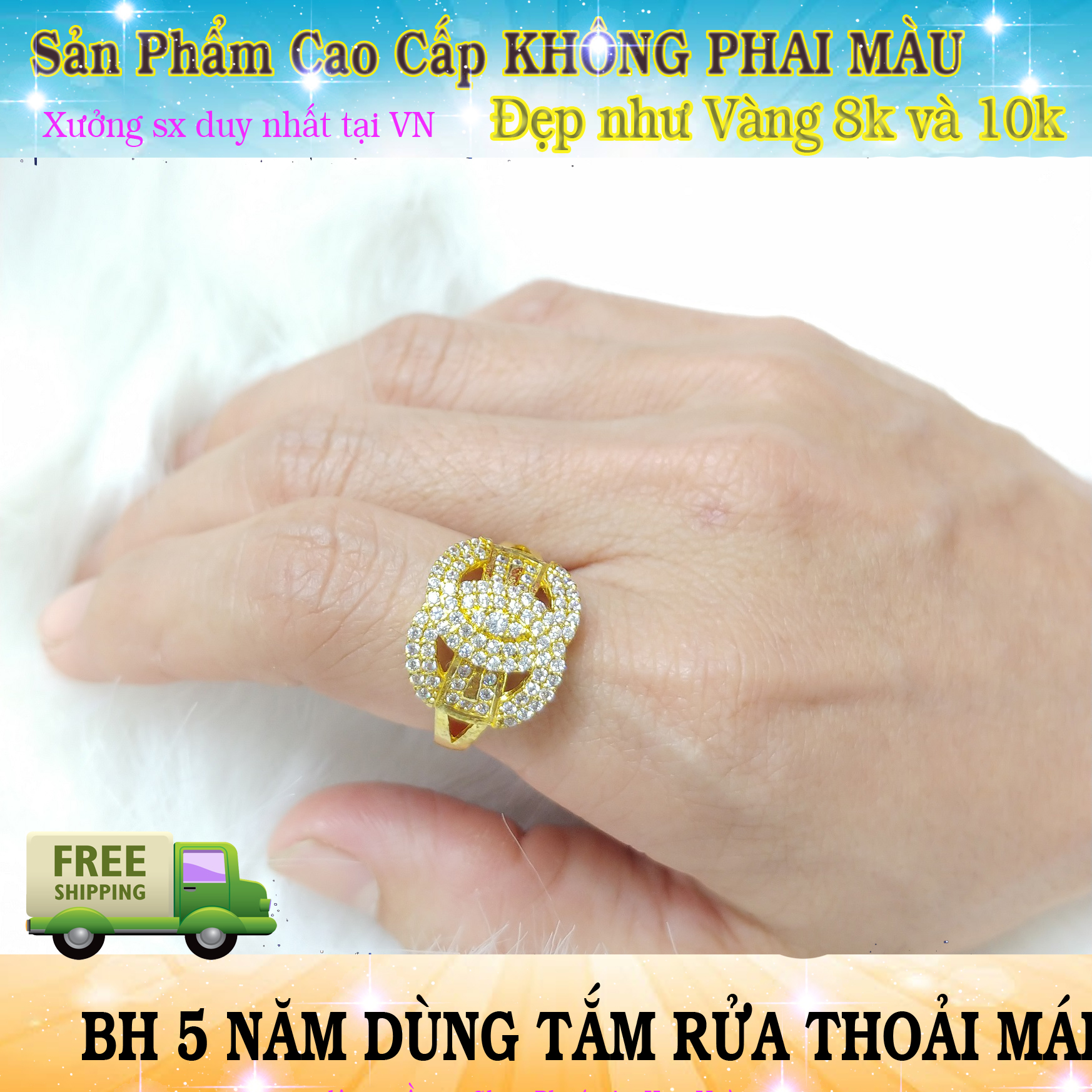 Nhẫn Nữ Xéo Đính Đá Không phai màu-Bảo Hành 5 Năm