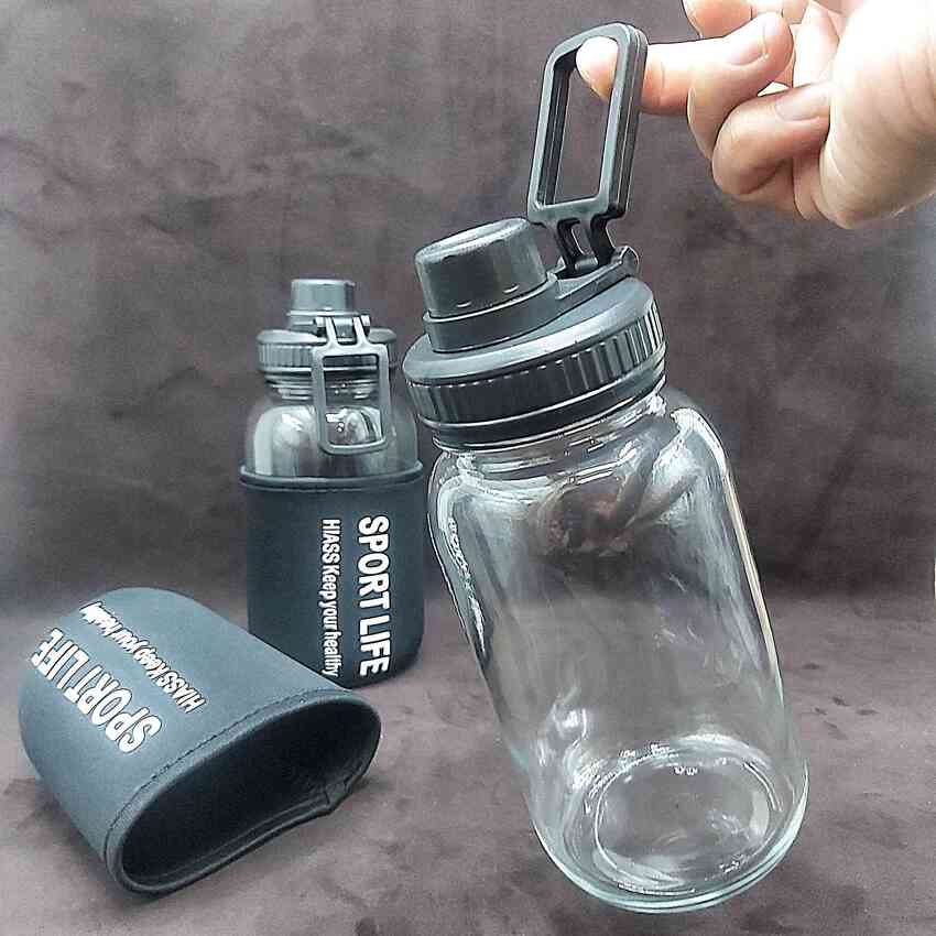Water glass bottle 750ml SPORT LIFE with additional Spandex Bag – Black Plastic Cap – Rubber Seal – store Water, Judges, Milk, coffee, tea – combo 2 bottles