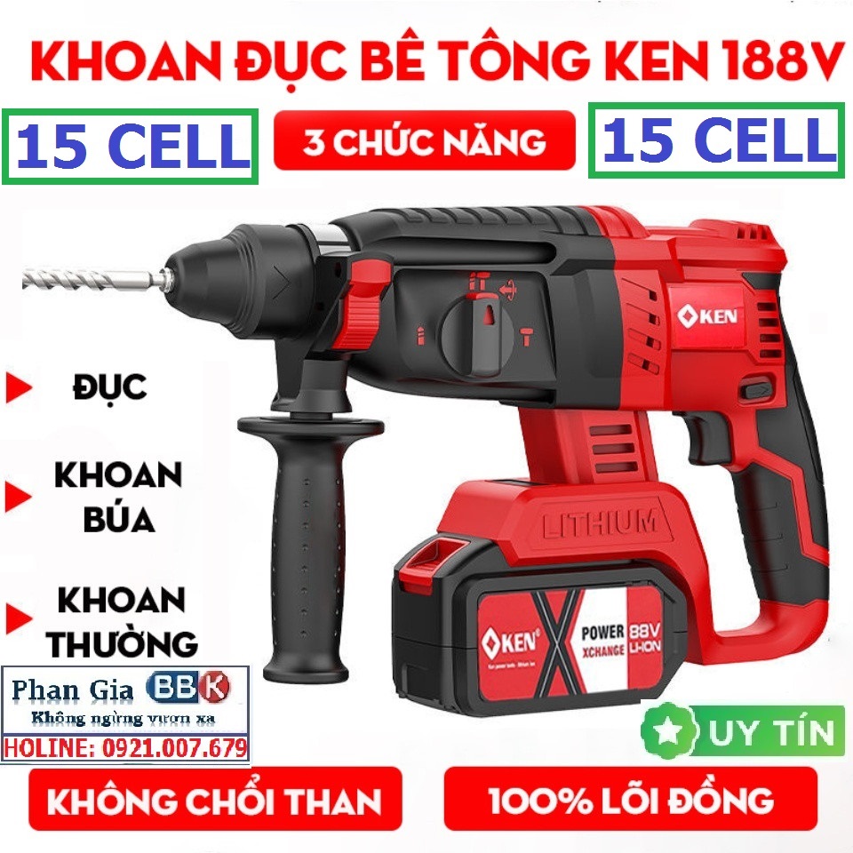 Máy khoan bê tông ken 199v - pin 15 cell 3 chức năng - động cơ từ - máy khoan có búa