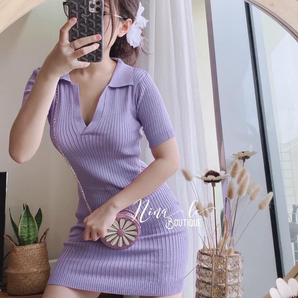 Váy Đầm Body Len Gân Cổ V Siêu Xinh (VIDEO, ẢNH THẬT)