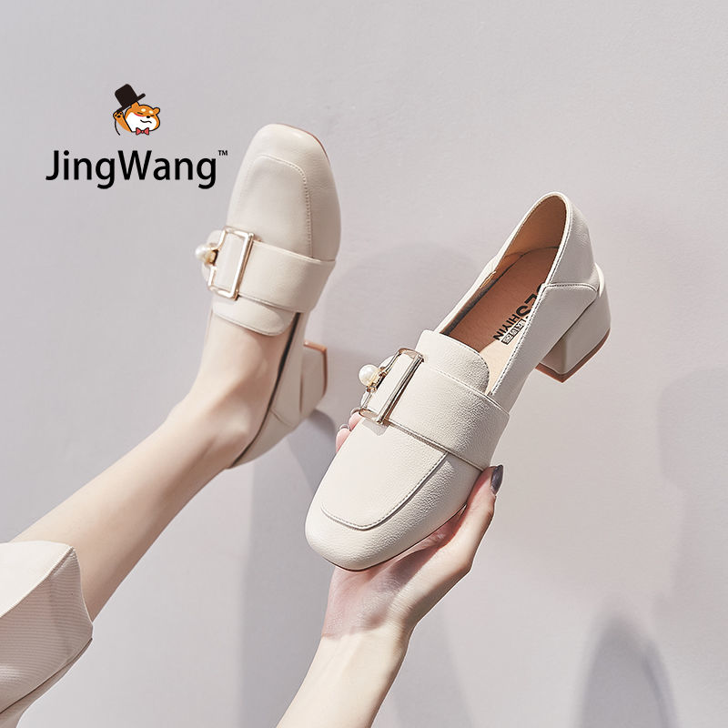 JingWang Free Shipping Miễn phí vận chuyển Giày một lớp gót thô nữ giày da