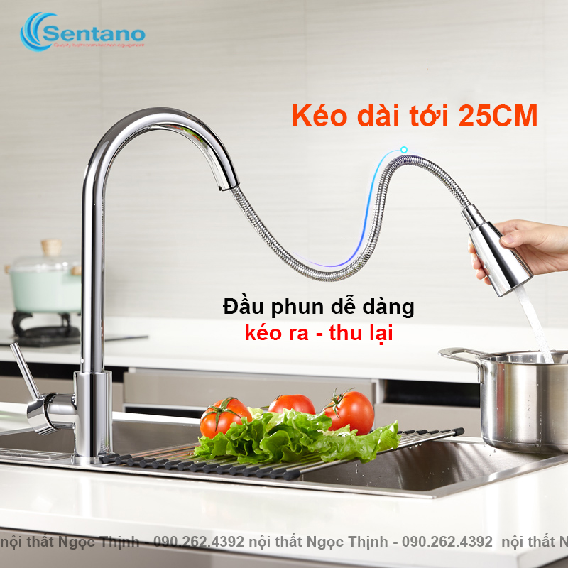 [SALE RẺ][HÀNG ĐÚC LOẠI 1] Vòi rửa bát chén nóng lạnh dây rút Inox SUS 304 SENTANO STN-407 PLUS Cao cấp