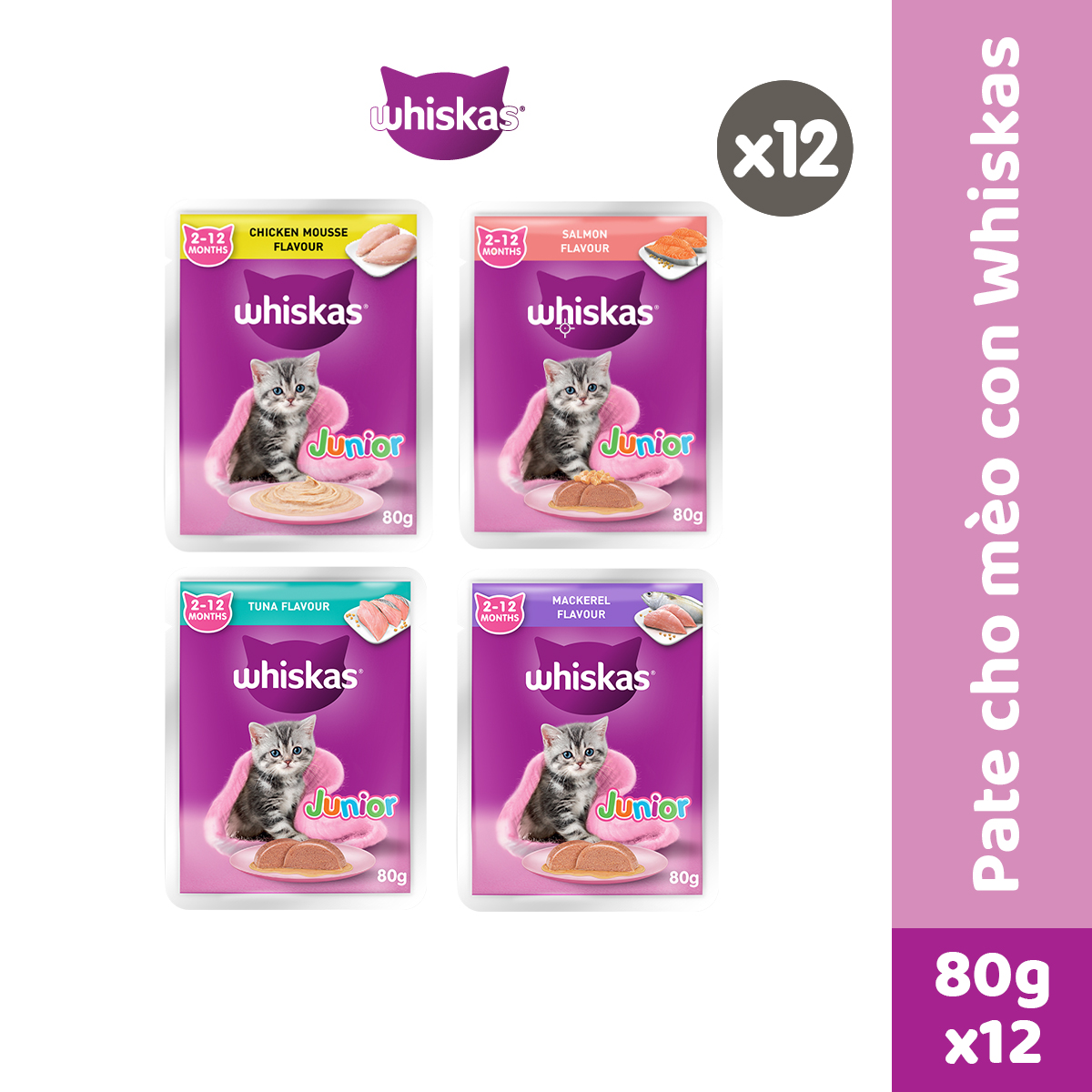 WHISKAS® Thức ăn cho mèo con dạng sốt (pate mèo) 80g (14 gói)