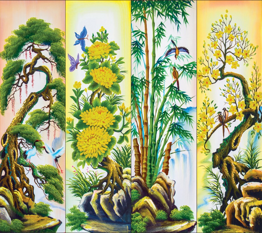 Tranh treo tường Tứ quý 3D/Gỗ MDF Hàn Quốc chống ẩm mốc, mối mọt T3M-10044