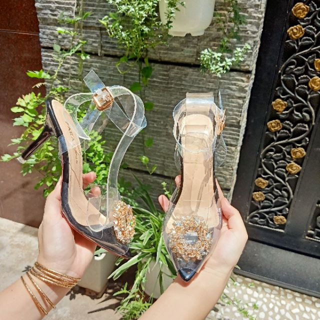 Giày cao gót màu đen đính đá cao 7p, ảnh và video quay thật - maiđáđen7p