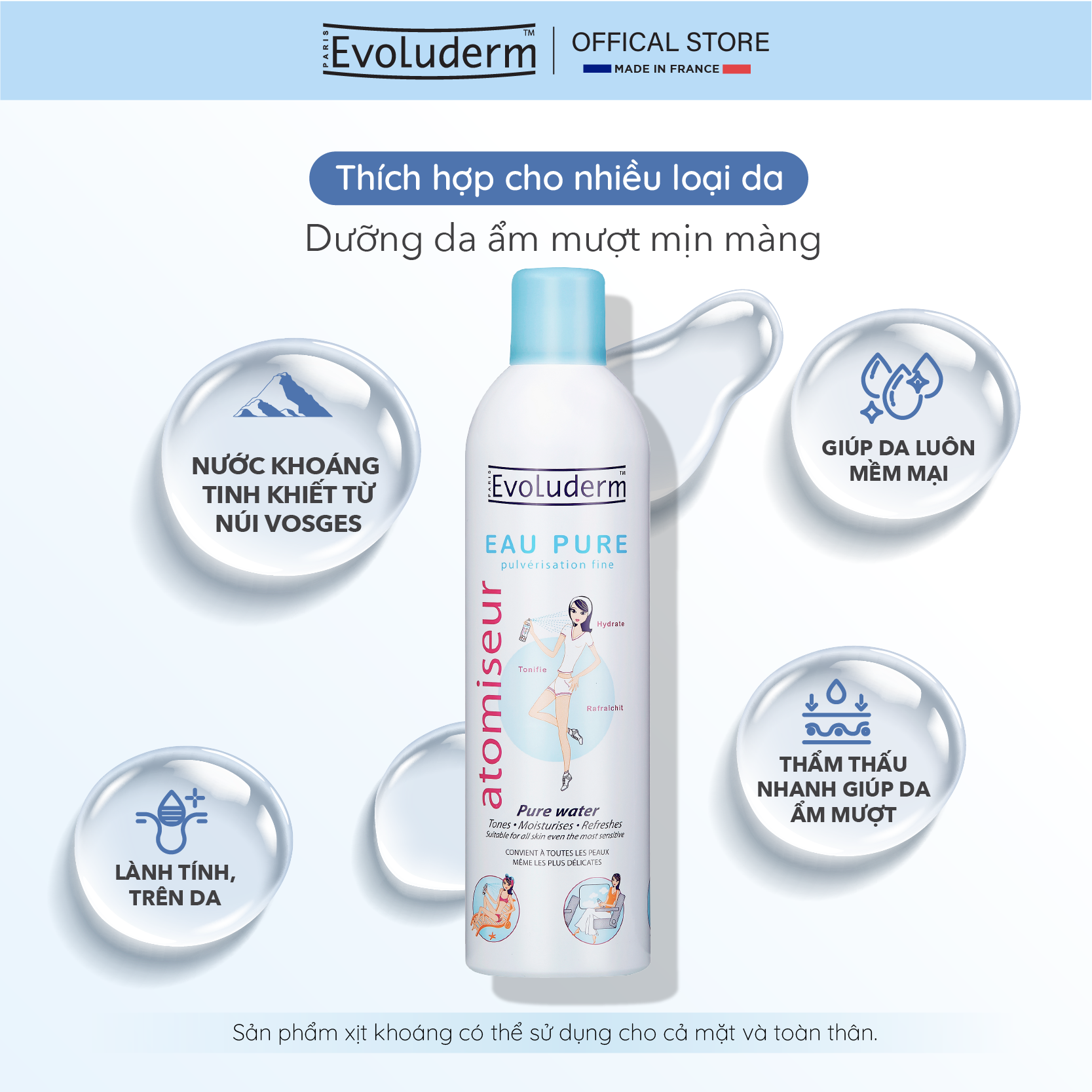 Xịt khoáng cấp ẩm làm dịu da Evoluderm 400ml