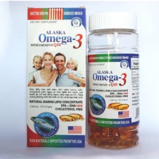 Dầu cá alaska omega 3 with coenzym q10 hộp màu trắng gia đình hộp 100 viên
