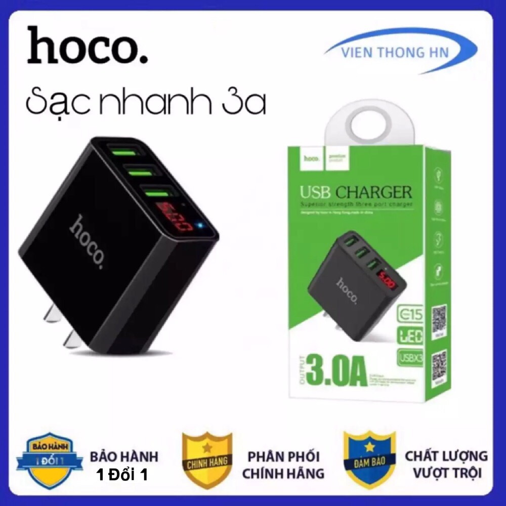 Cốc sạc củ sạc nhanh 3 cổng Hoco C15 3A - màn hình LCD hiển thị điện áp