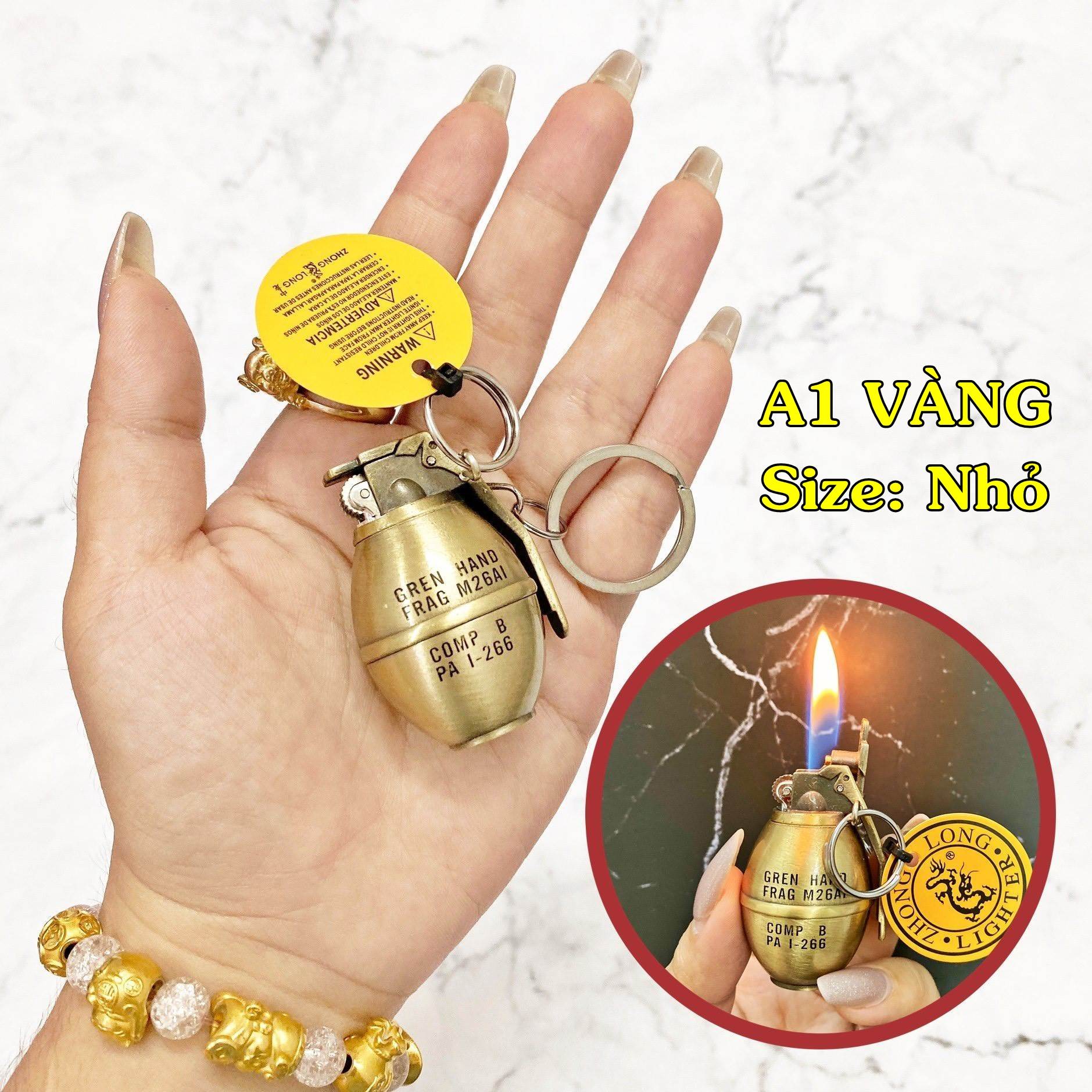 BẬT LỬA MÓC KHÓA HÌNH TRÁI LỰU ĐẠN A1 VÀNG (SIZE NHỎ) - (XÀI GAS)
