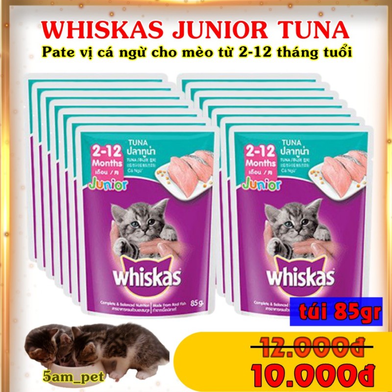 [Lấy mã giảm thêm 30%]Pate Whiskas Tuna Junior ✅ vị cá ngừ cho mèo con từ 2 đến 12 tháng tuổi gói nhỏ 85gr date xa giá rẻ