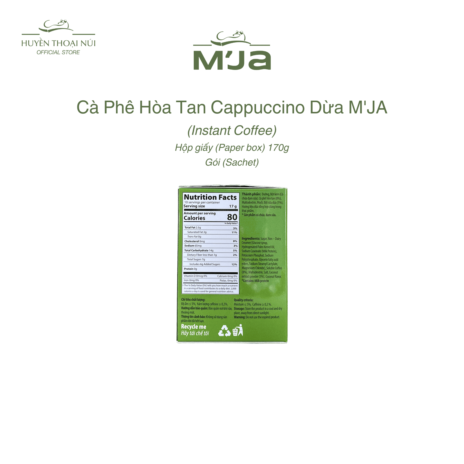 Cà Phê Hòa Tan Cappuccino Dừa M'JA - Vị Đắng Pha Chút Ngọt Dịu - Hộp 170g (10 gói x 17g)