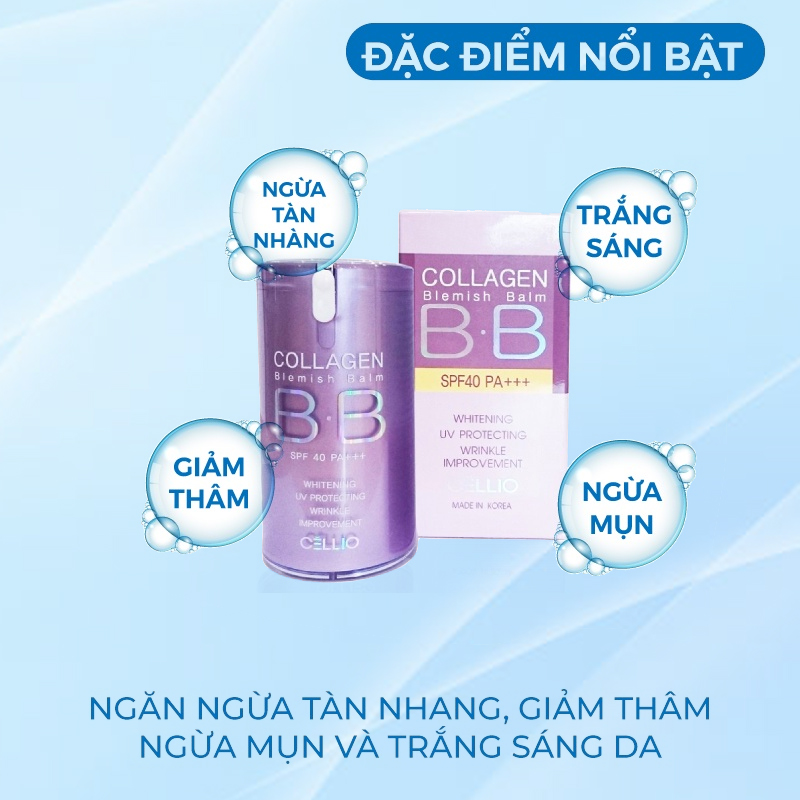 Kem Nền Trang Điểm Chống Nắng BB Cream Collagen Cellio SPF 40 PA++Hàn Quốc giúp mờ thâm nám và trắng da Tone 21 40ml