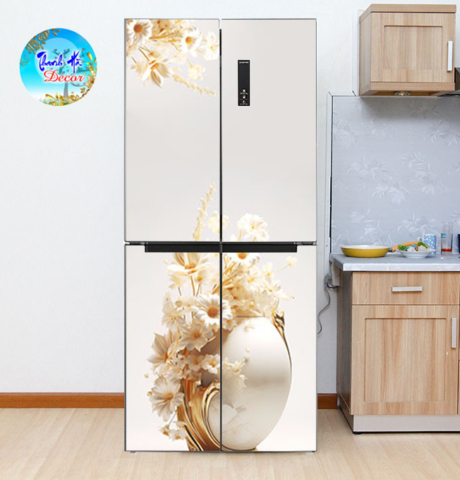 Decal dán Tủ Lạnh bình hoa trắng 3d chất liệu cao cấp